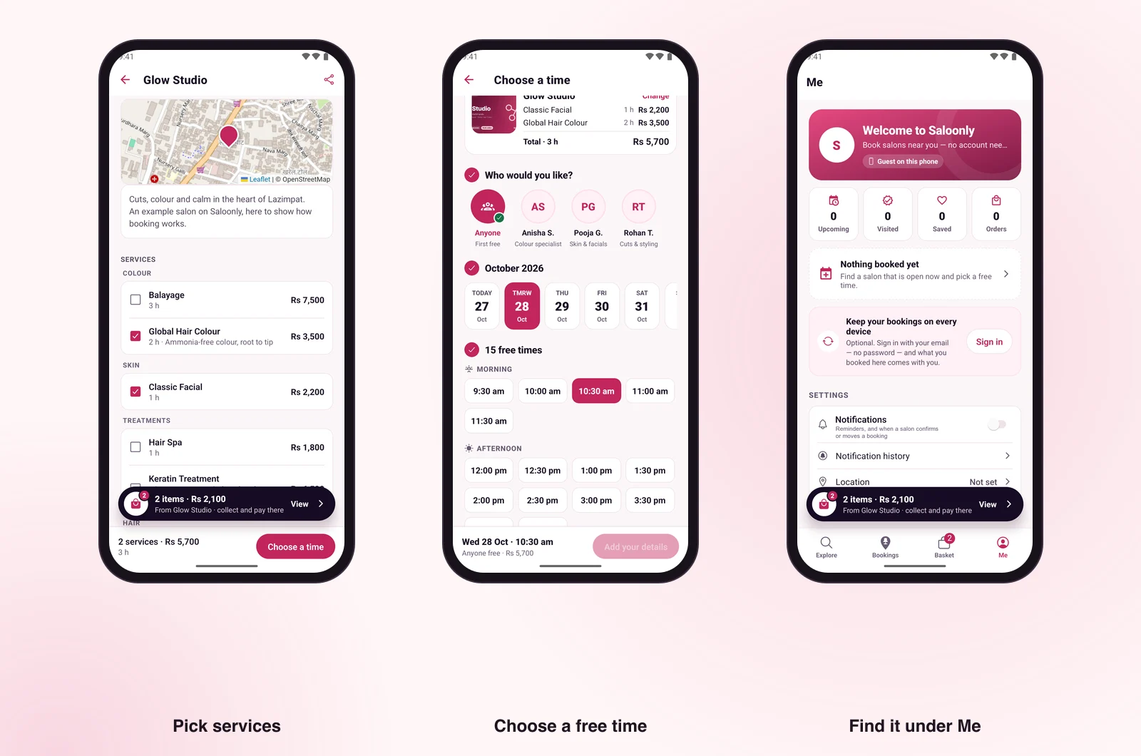 Saloonly app: picking services, choosing a free time and the Me page